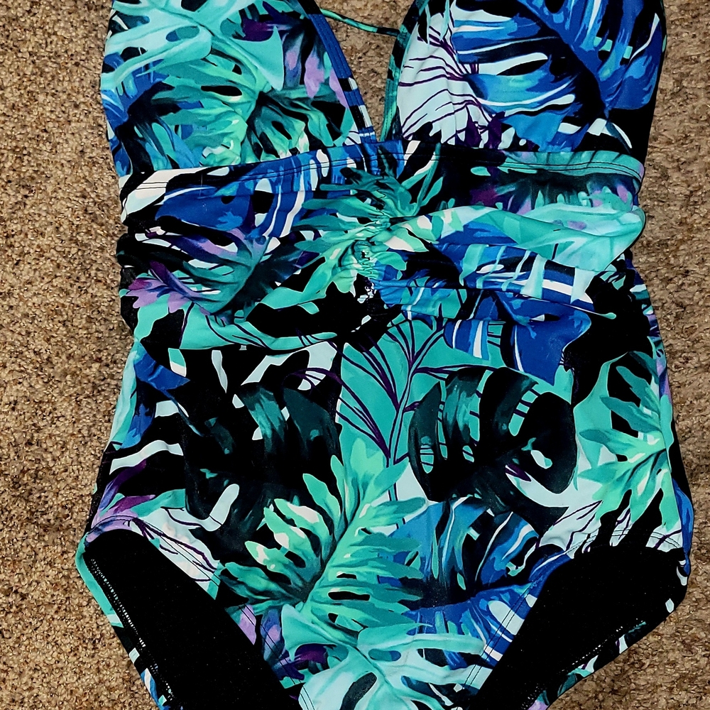 Aqua Green Vibrant Leaf Print One Piece